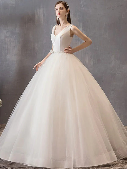 Princess Ball Gown Wedding Dresses V Neck Floor Length Satin Tulle Sleeveless Formal Luxurious with Bow(s) Beading