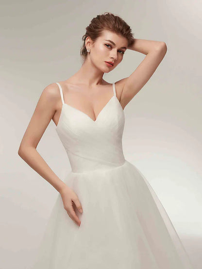 A-Line  Evening Dress  Wedding Dresses V Neck Asymmetrical Tulle Spaghetti Strap Simple Casual Little White Dress with Side-Draped