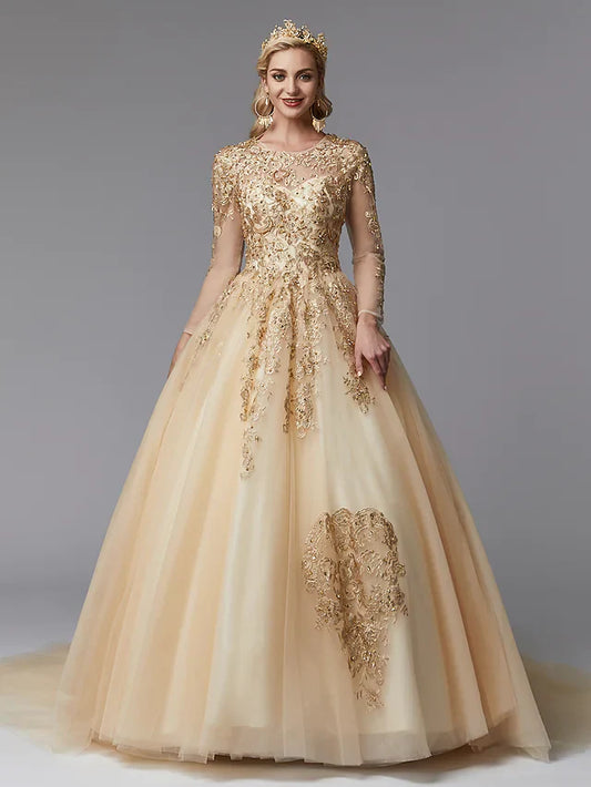 Ball Gown Wedding Dresses Jewel Neck Lace Tulle Long Sleeve Glamorous See-Through Backless Modern with Beading Appliques Gold Color