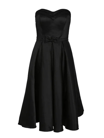 A-Line Minimalist Elegant Engagement Cocktail Party Dress Strapless Sleeveless Knee Length Satin with Bow(s) Pleats