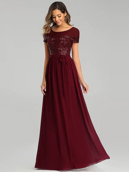 A-Line Jewel Neck Floor Length Chiffon Bridesmaid Dress with Sash Ribbon Sequin Sparkle & Shine