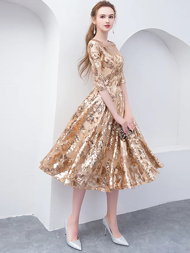 A-Line Elegant Sparkle & Shine Holiday Cocktail Party Dress Jewel Neck Half Sleeve Tea Length Sequined