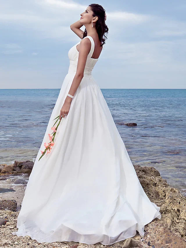 A-Line Wedding Dresses Jewel Neck Chiffon Regular Straps Formal Beach Plus Size with Ruched Draping