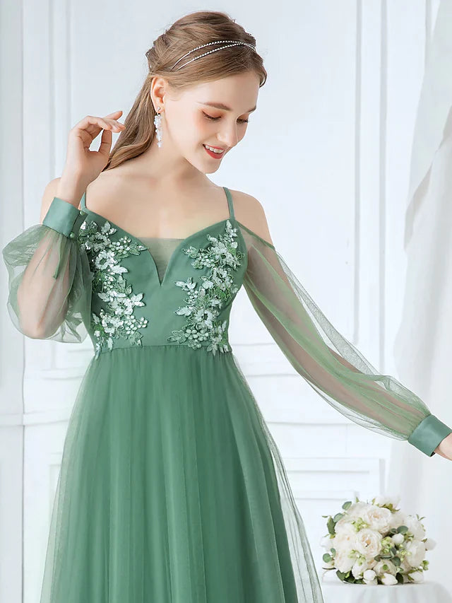 A-Line Spaghetti Strap Tulle Bridesmaid Dress with Appliques