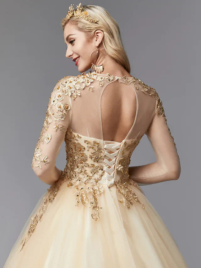 Ball Gown Wedding Dresses Jewel Neck Lace Tulle Long Sleeve Glamorous See-Through Backless Modern with Beading Appliques Gold Color