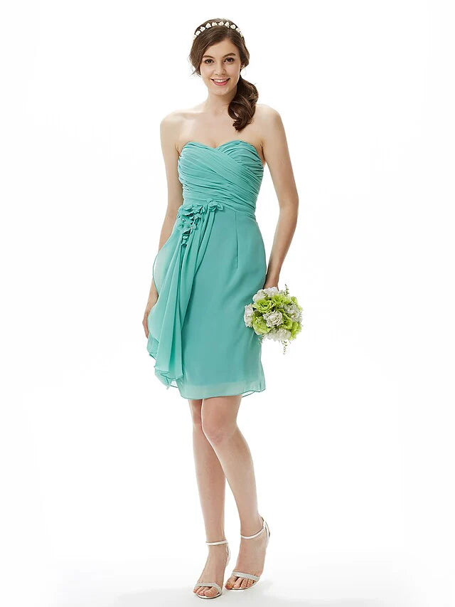 Sweetheart Neckline Strapless Knee Length Chiffon Bridesmaid Dress with Criss Cross Side Draping Flower