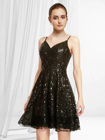 A-Line Glittering Sexy Homecoming Party Wear Dress V Neck Sleeveless Short Mini Lace Sequined with Pleats Sequin