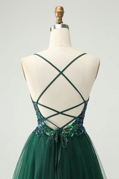 Cute Dark Green A Line V Neck Sequin Short Homecoming Dress with Appliques Sexy