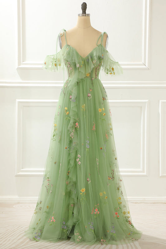 A-Line Embroidery Green Prom Dress With Slit Floor Length Beautiful