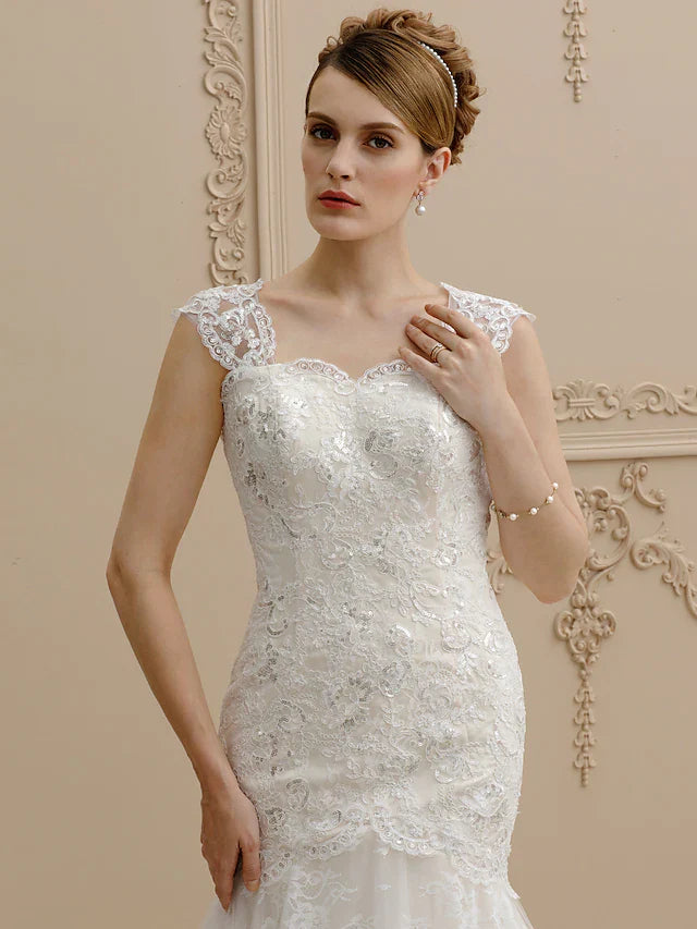 Wedding Dresses Square Neck Court Train Lace Over Tulle Regular Straps Wedding Dress in Color Floral Lace See-Through with Buttons Sequin Appliques