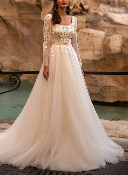 A-Line Square Neckline Tulle Wedding Dresses With Appliques Lace Long Sleeves Elegant