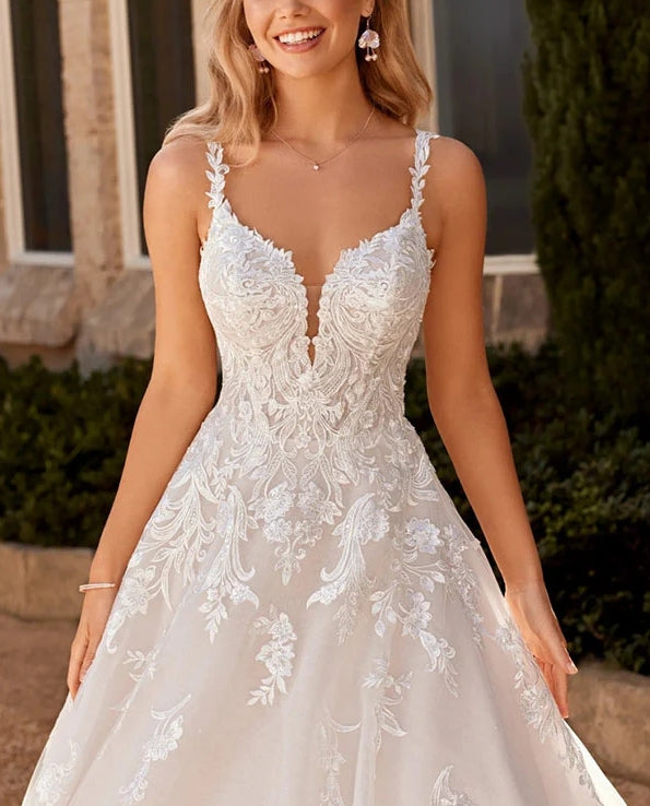 A-Line V-Neck Lace Wedding Dress Sleeveless Floor Length with Appliques Elegant