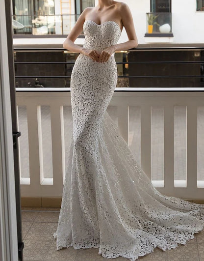 Sleeveless Trumpet/Mermaid Sweetheart Lace Wedding Dress With Sweep Train Off Shoulder Elegant