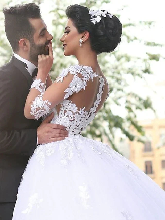 A-Line Wedding Dresses Jewel Neck Court Train Lace Long Sleeve Country Illusion Sleeve with Appliques