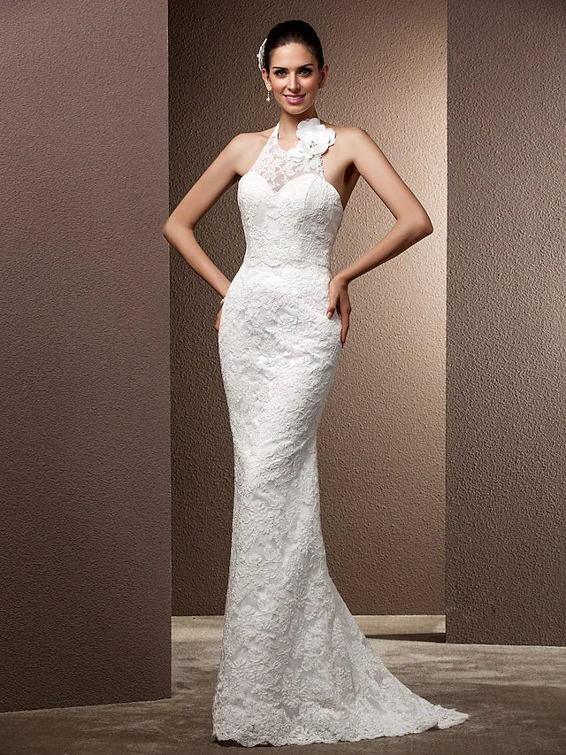 Wedding Dresses Halter Neck Lace Regular Straps Open Back with Beading Flower Button