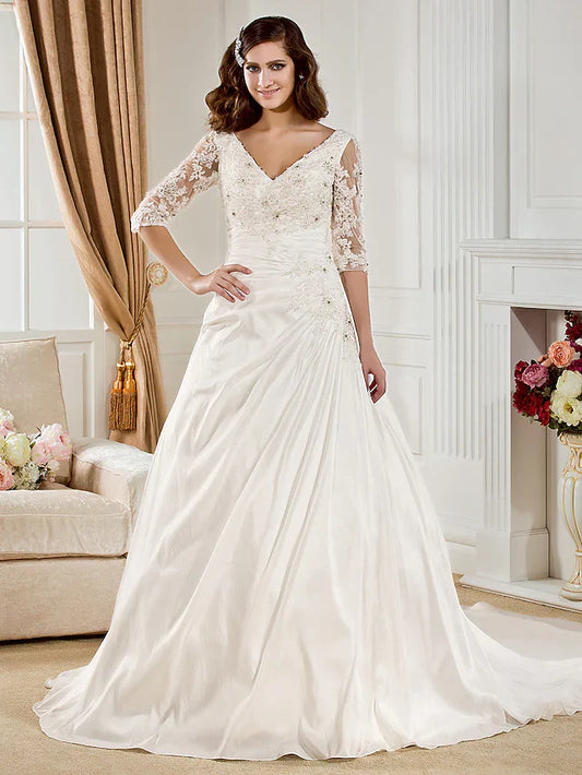 Ball Gown Wedding Dresses V Neck Chapel Train Taffeta Half Sleeve See-Through with Ruched Beading Appliques