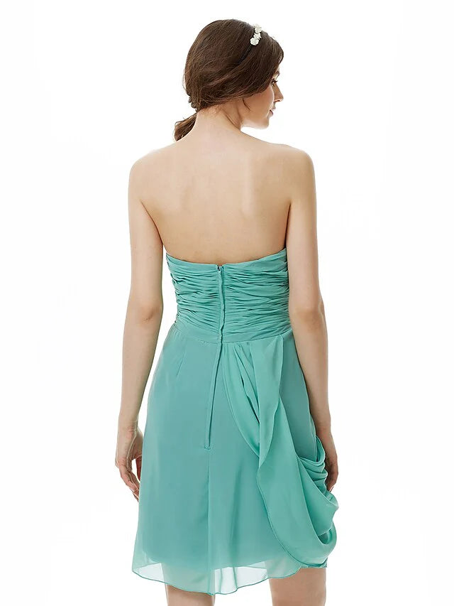 Sweetheart Neckline Strapless Knee Length Chiffon Bridesmaid Dress with Criss Cross Side Draping Flower