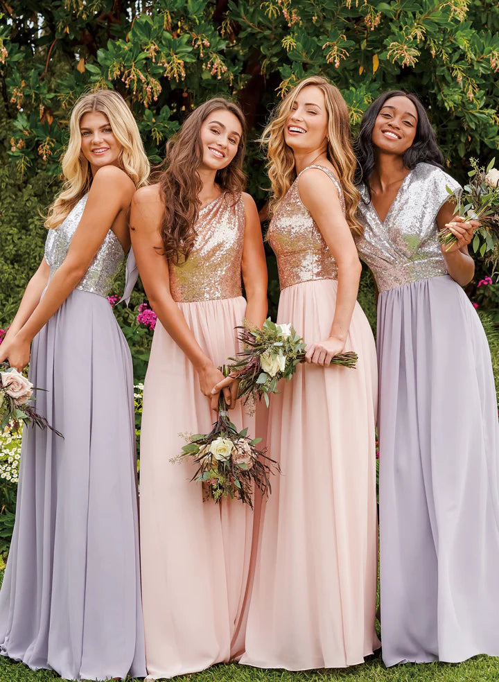 A-Line/Princess V-Neck Floor-Length Long Bridesmaid Dresses With Sequins