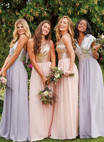 A-Line/Princess V-Neck Floor-Length Long Bridesmaid Dresses With Sequins