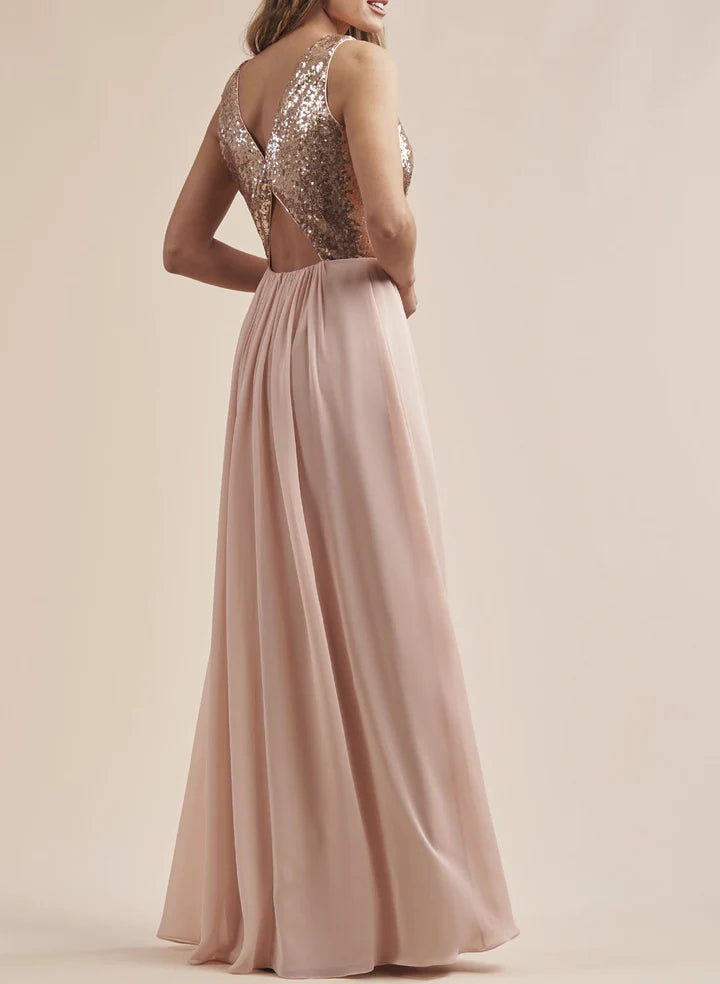 A-Line/Princess V-Neck Floor-Length Long Bridesmaid Dresses With Sequins