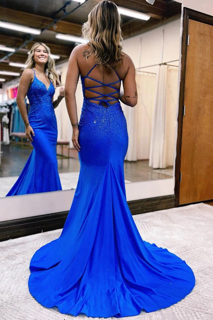 Royal Blue Spaghetti Straps Corset Back Glitter Prom Dress Sexy Evening Dress