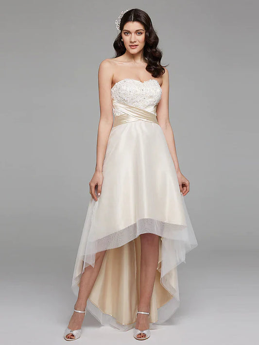 A-Line Wedding Dresses Sweetheart Neckline Asymmetrical Satin Floral Lace Strapless Simple Plus Size with Sash Ribbon Beading