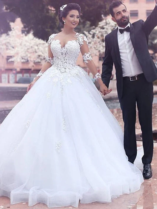 A-Line Wedding Dresses Jewel Neck Court Train Lace Long Sleeve Country Illusion Sleeve with Appliques