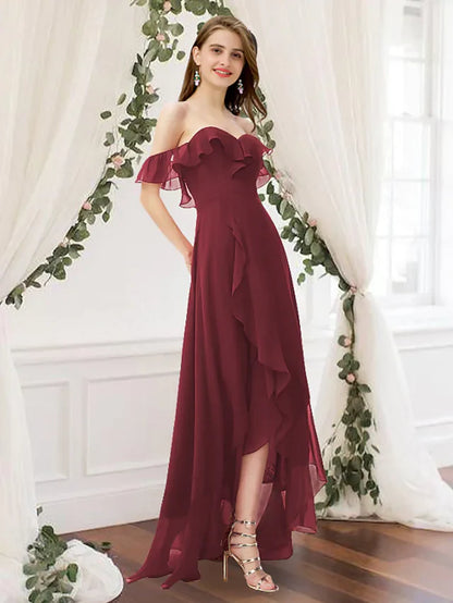 A-Line Off Shoulder Floor Length Chiffon Bridesmaid Dress with Pleats Ruffles Split Front