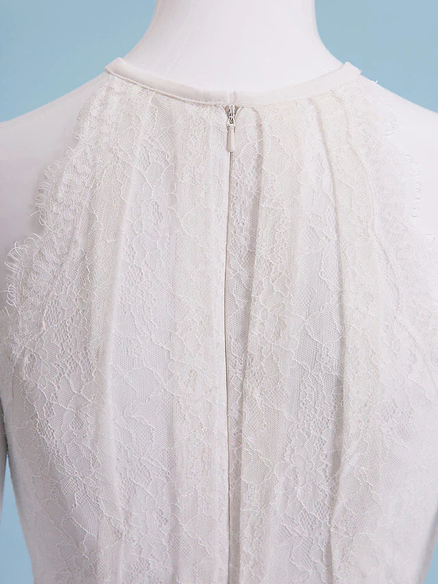 Wedding Dresses Halter Neck Floor Length Chiffon Lace Regular Straps Floral Lace with Lace Sash Ribbon