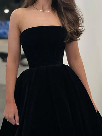 A Line Black Tea Length Strapless Velvet Homecoming Dresses