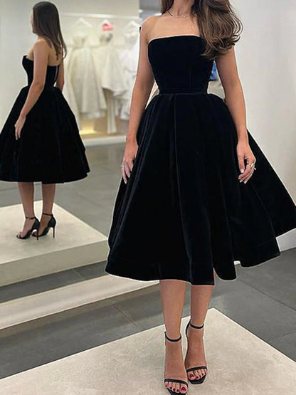 A Line Black Tea Length Strapless Velvet Homecoming Dresses