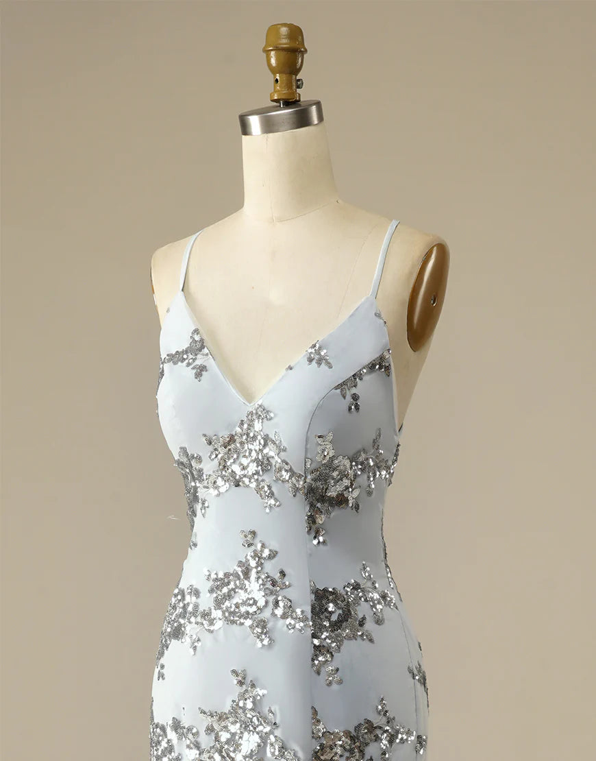 Mermaid Spaghetti Straps V Neck Glitter Silver Long Prom Dress
