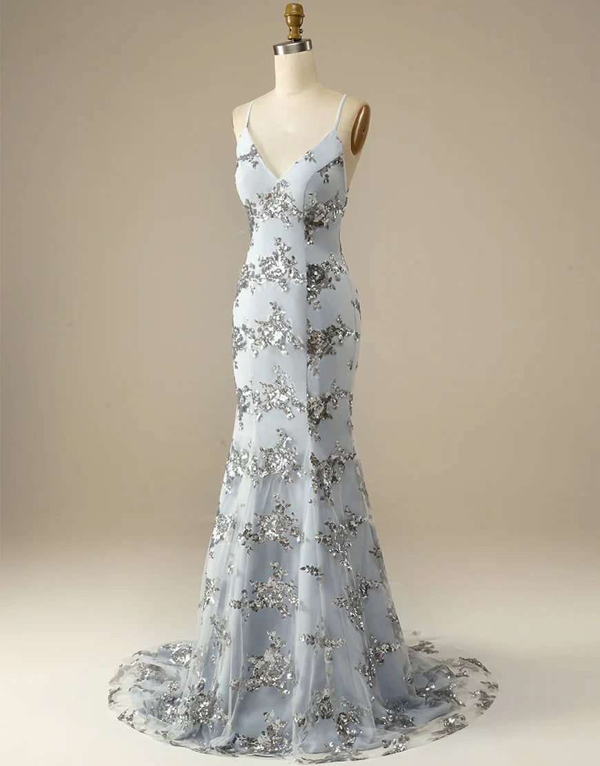 Mermaid Spaghetti Straps V Neck Glitter Silver Long Prom Dress