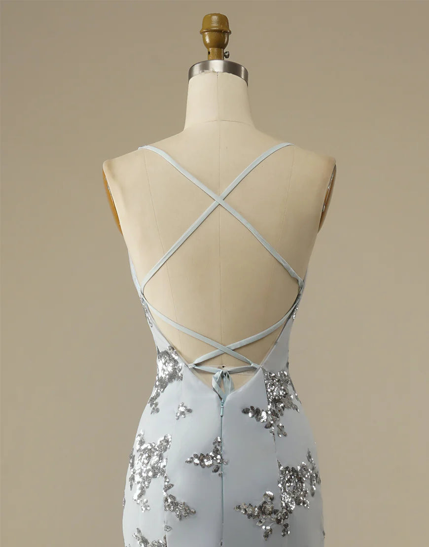 Mermaid Spaghetti Straps V Neck Glitter Silver Long Prom Dress