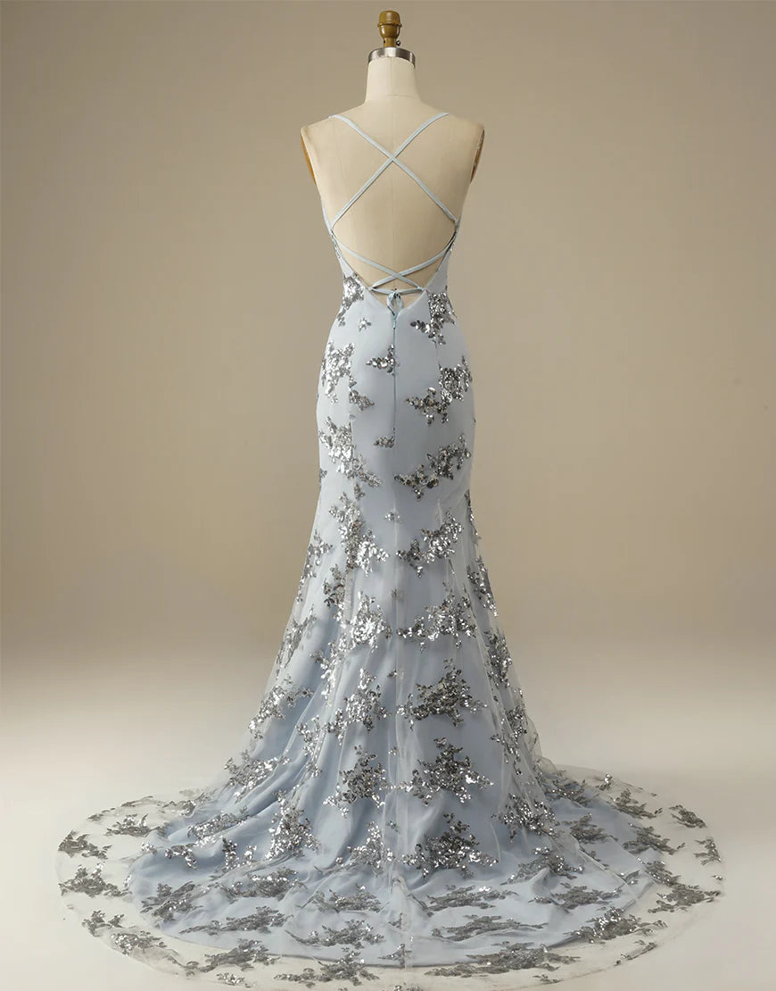Mermaid Spaghetti Straps V Neck Glitter Silver Long Prom Dress