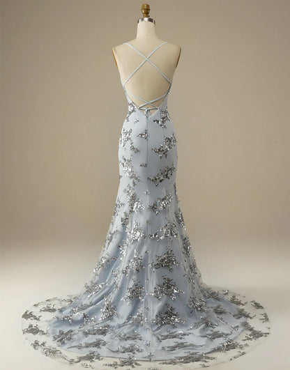 Mermaid Spaghetti Straps V Neck Glitter Silver Long Prom Dress