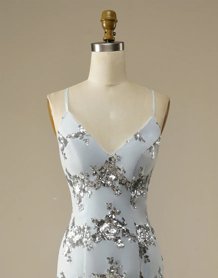Mermaid Spaghetti Straps V Neck Glitter Silver Long Prom Dress