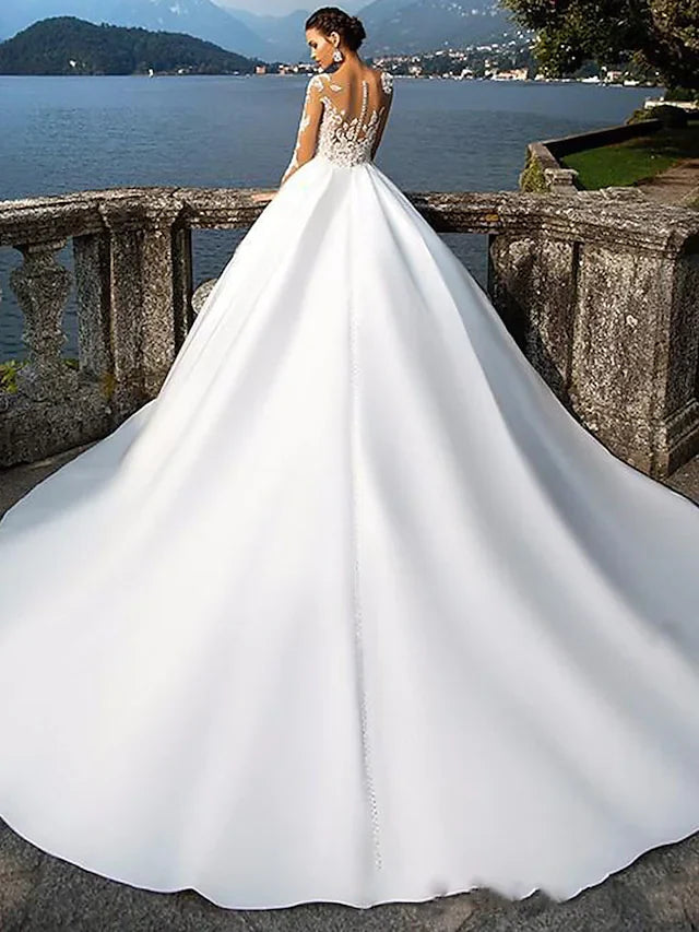 A-Line Wedding Dresses Jewel Neck Court Train Satin Long Sleeve Sexy Wedding Dress in Color with Appliques