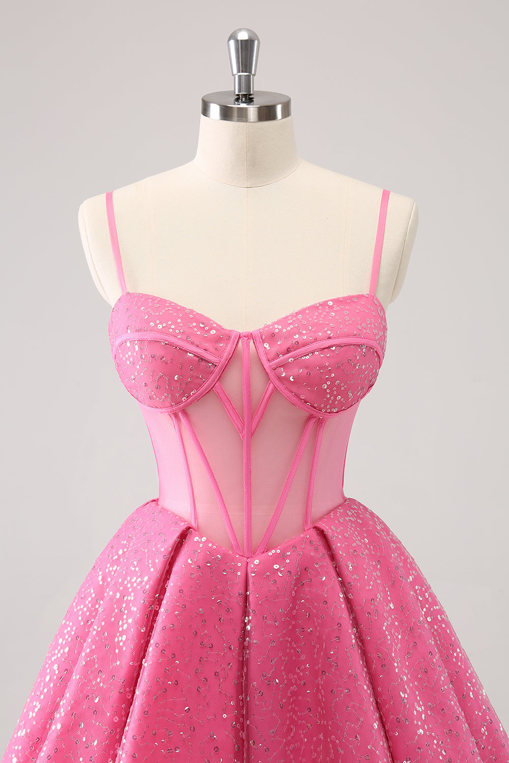 Sparkly Cute Pink Spaghetti Straps A Line Corset Short Homecoming Dress with Sequins Sexy