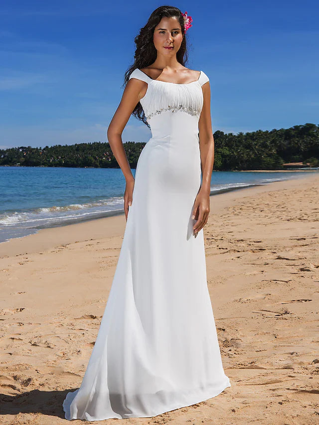 Wedding Dresses Scoop Neck Chiffon Cap Sleeve Beach Plus Size with Beading Draping Button