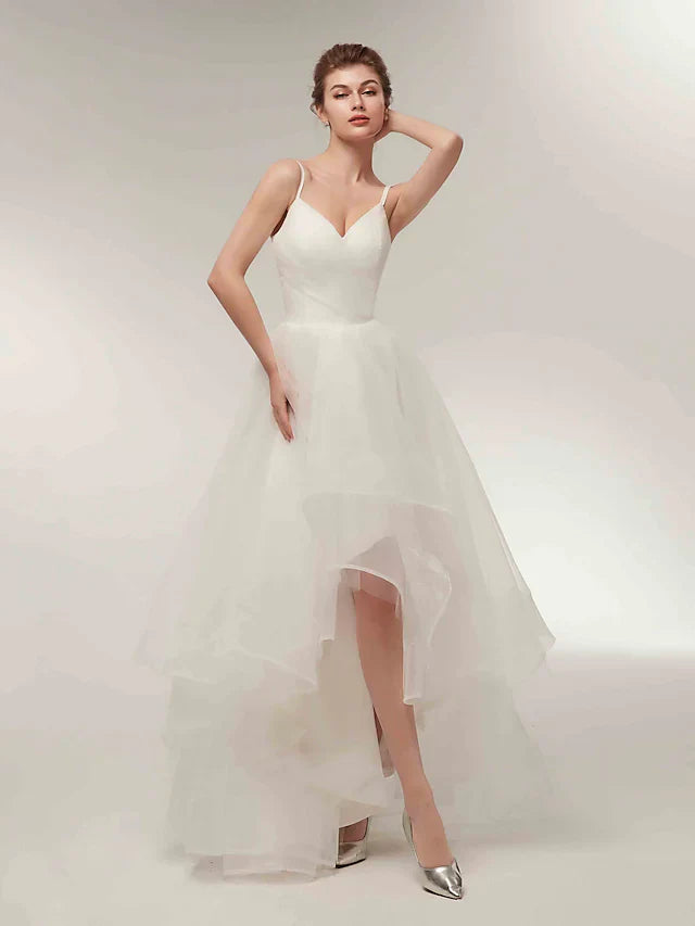 A-Line  Evening Dress  Wedding Dresses V Neck Asymmetrical Tulle Spaghetti Strap Simple Casual Little White Dress with Side-Draped