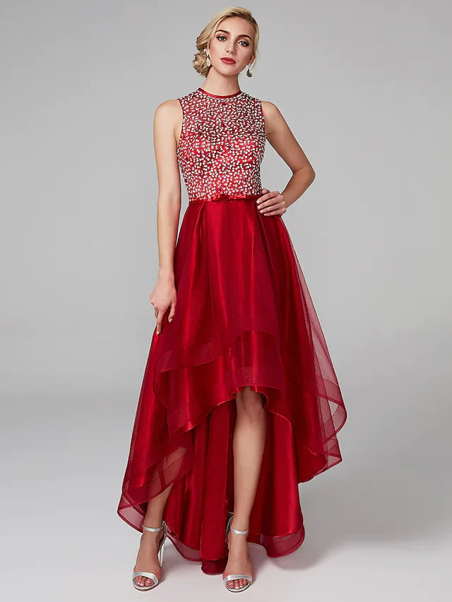 A-Line Sparkle & Shine High Low Keyhole Cocktail Party Prom Dress Jewel Neck Sleeveless Asymmetrical Satin Tulle with Bow Sequin