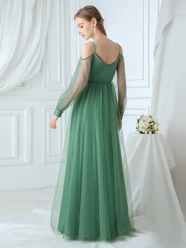 A-Line Spaghetti Strap Tulle Bridesmaid Dress with Appliques