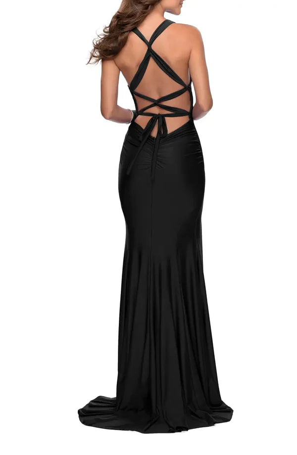 Elegant off shoulder and floor length front slit with open back strap for evening dressing Black