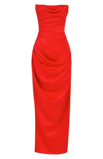 Elegant satin strapless sleeveless off shoulder and floor length off back prom dress Evening Dress