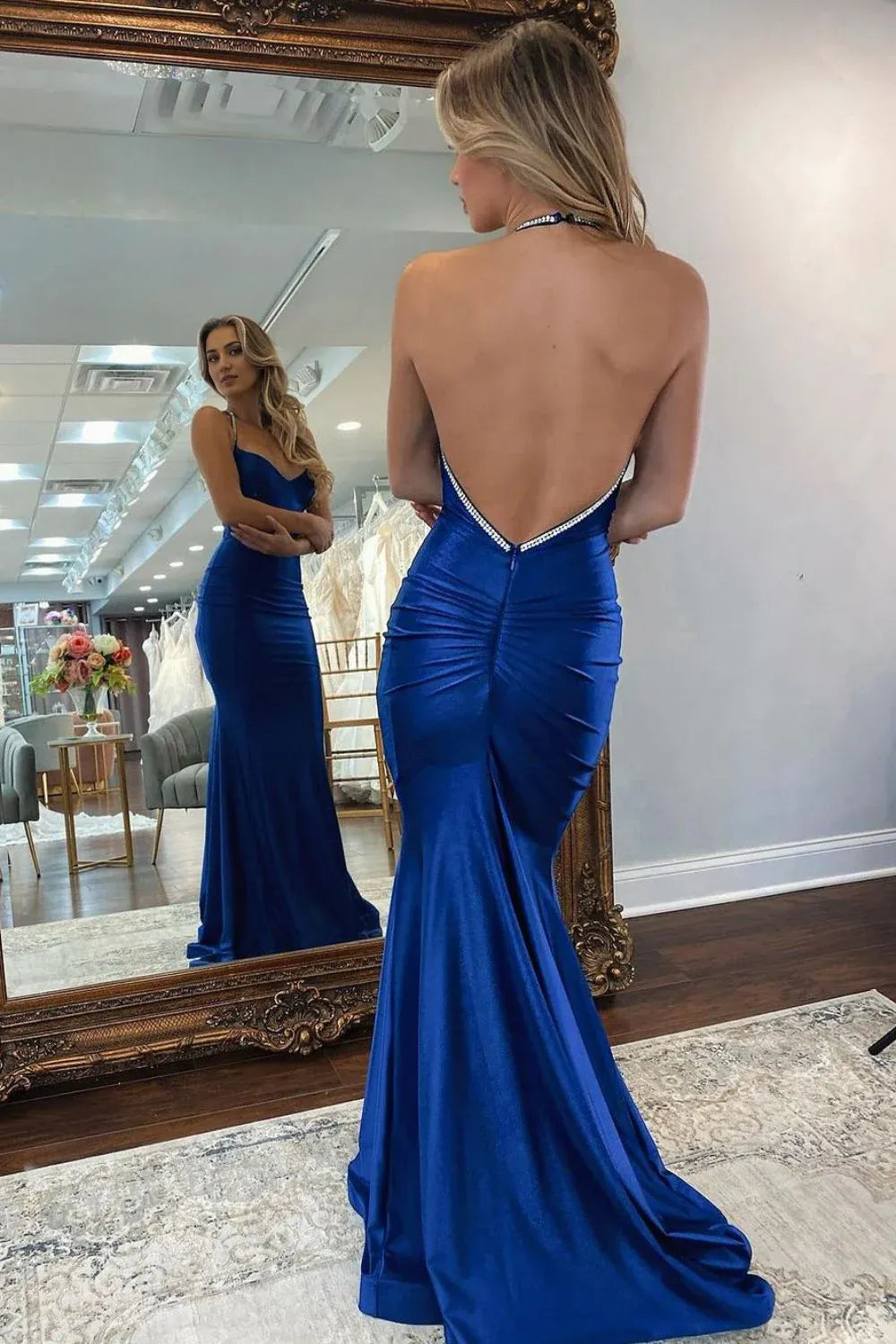 Sheath Mermaid Spaghetti Straps V Neck Brush Train Dresses Open Back Long Satin Prom Dress