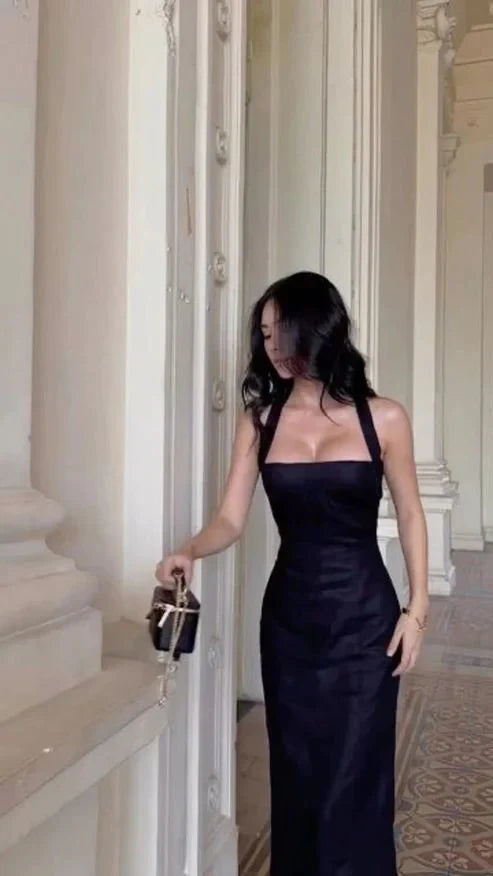 Sexy Sheath Halter Black Prom Dress With Slit Evening Dress Simple Formal Party Dress