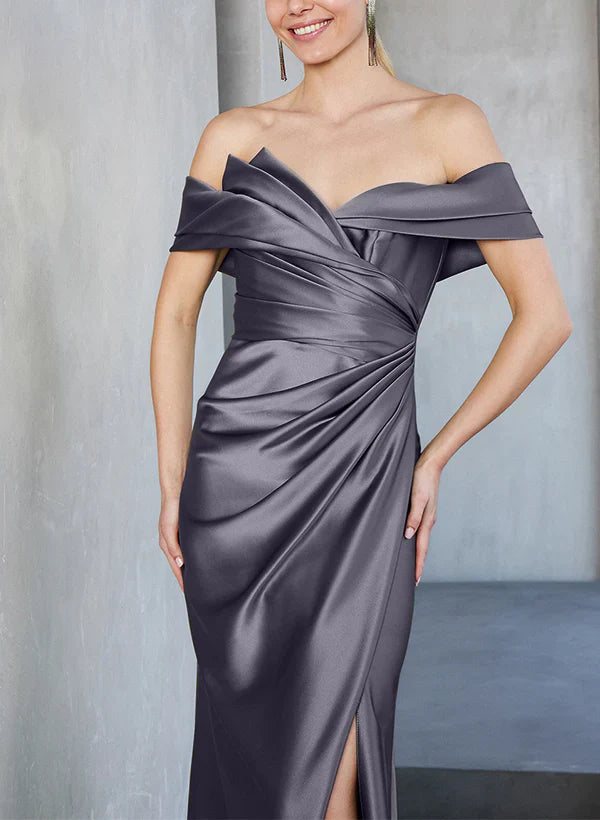 Tight/column off shoulder to ground length mother of the bride dress With Slit