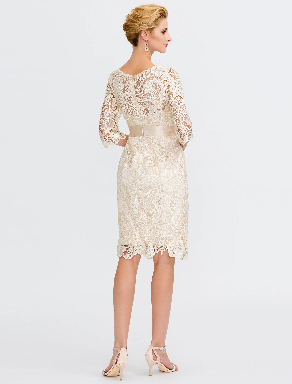 Sheath / Column Mother of the Bride Dress Formal Wedding Guest Elegant Plus Size Illusion Neck Knee Length All Over Lace 3/4 Length Sleeve with Bow(s)