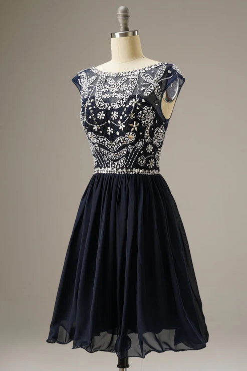 Short-Mini Cap Sleeves Party Dress WIth Beading